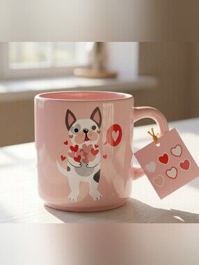 Pug Dog Ceramic Mug Pink With Hearts NwT